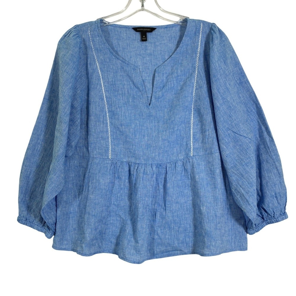 Banana Republic Blue Linen Blend Peplum Blouse M 3/4 Balloon Sleeve
